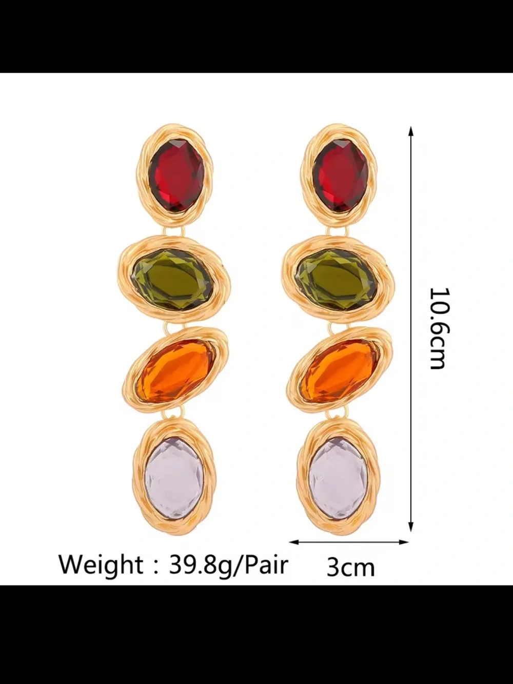 Goldtone Drop Earrings with Red, Yellow, Orange & Purple Stones
